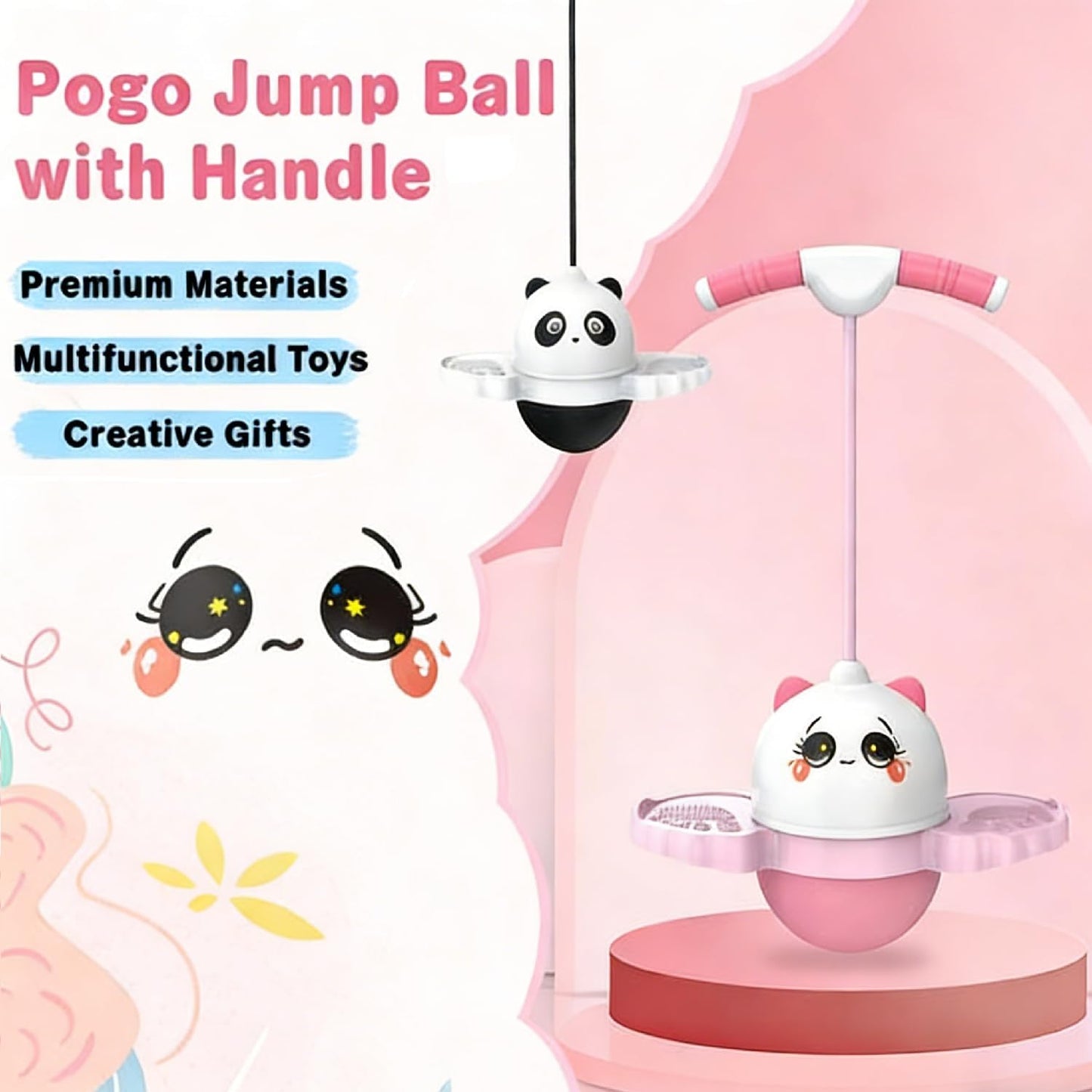 Balance Pogo Ball with Handle for Kids, Jumping Trick Ball Toy with Colourful LED Lights Panda Shape, Fun Bounce Toy for Boys Girls Balance Training