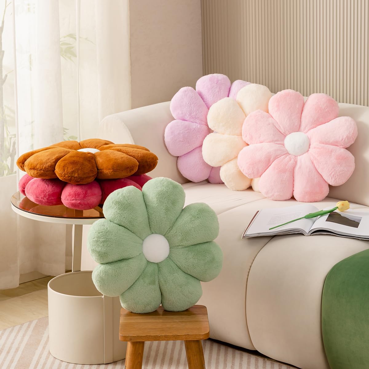 FIONOUT Pink Flower Pillow, 17.7In Daisy Pillow,Cute Floor Cushions, Room Decor & Flower Shaped Throw Pillows for Bed Couch Chair (45CM Pink)
