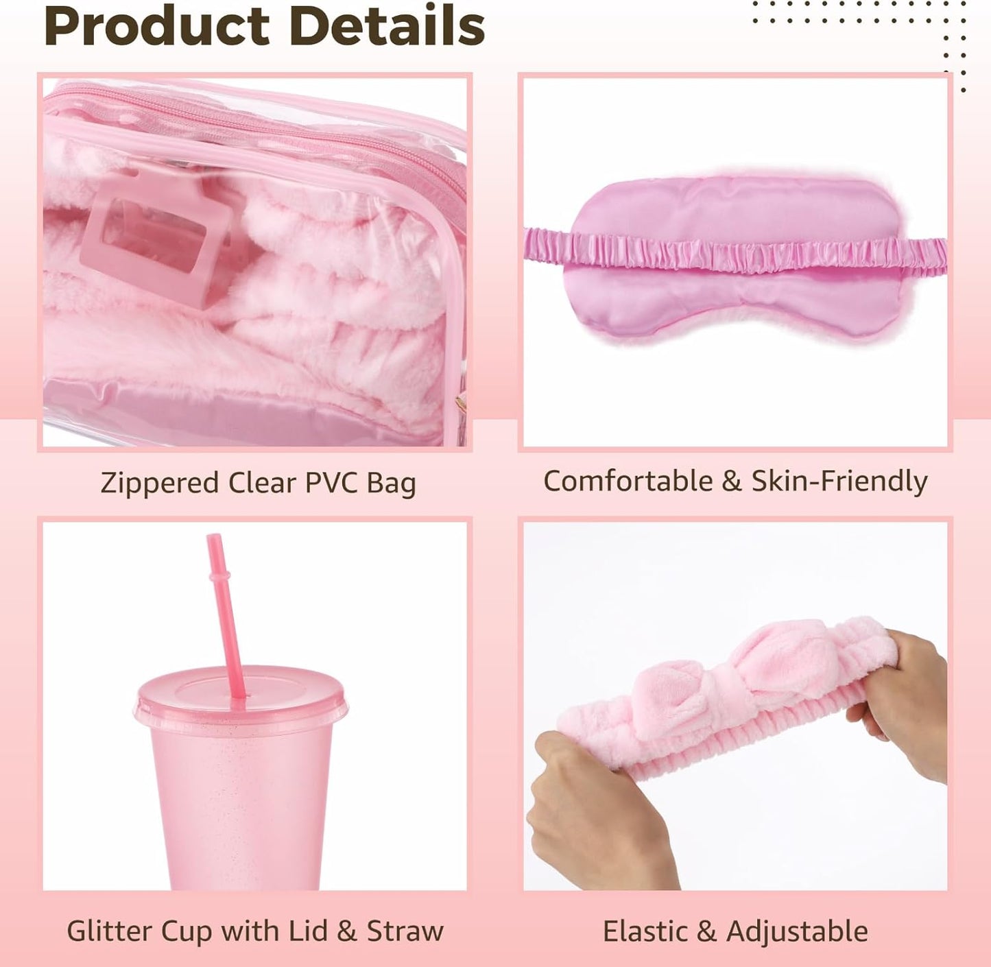 6 Sets Sleepover Party Supplies, Pink Spa Slumber Party Favors, Glitter Plastic Cup with Lid and Straw, Eye Mask Headband Wristband Cosmetic Bag for Birthday Pajamas Gender Reveal