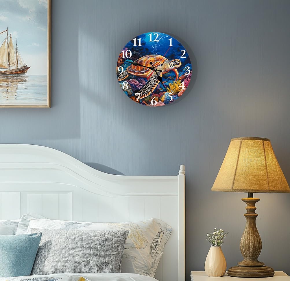 Silent Non Ticking Wall Clock 12 Inch, Turtle Coral Beach Ocean Round Wood Glare Free Clock, Battery Operated, Decorative Gift for Bathroom, Kitchen, Living Room, Bedroom, Nursery, Office