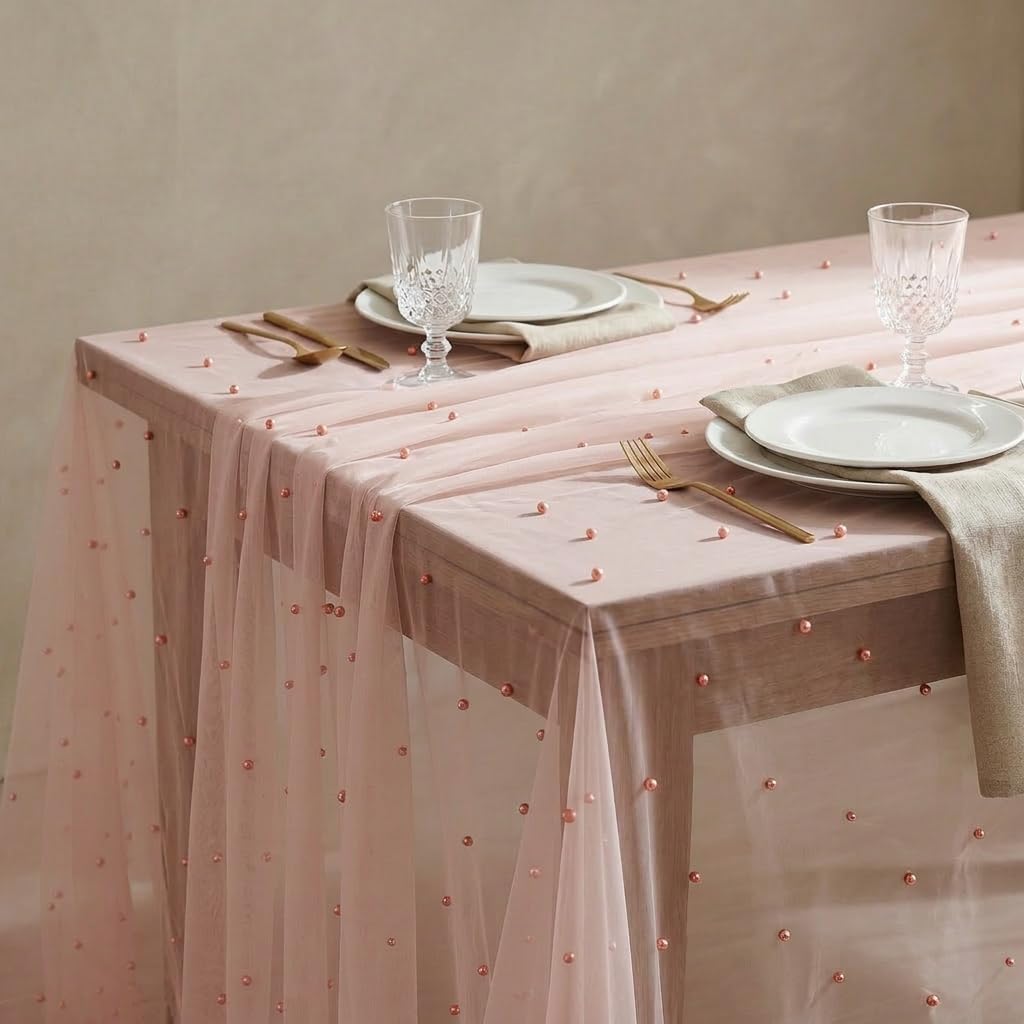 Horaldaily Pink Pearl Pink Gauze Tablecloth 60×84 Inch Rectangular, Spring Summer Tulle Lace Cheesecloth, Bridal Shower Table Cover for Wedding Birthday Table Decor