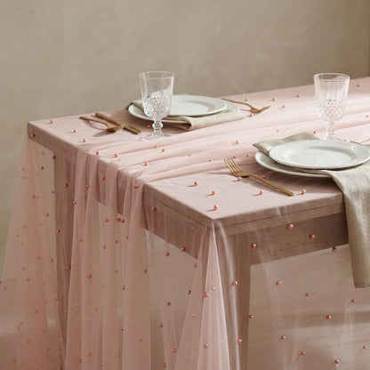 Horaldaily Pink Pearl Pink Gauze Tablecloth 60×84 Inch Rectangular, Spring Summer Tulle Lace Cheesecloth, Bridal Shower Table Cover for Wedding Birthday Table Decor