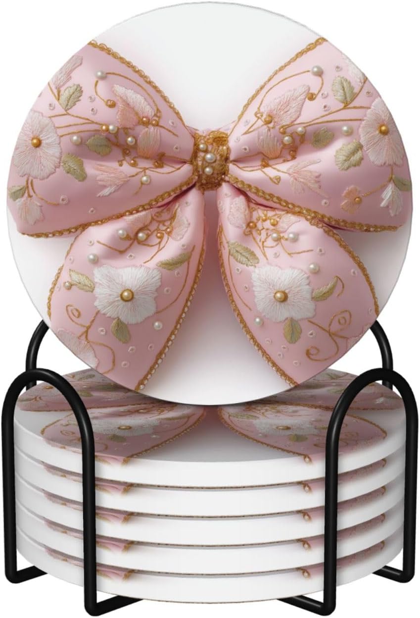 Light Pastel Pink Bow Balloon Embroidered Floral Ceramic Coasters with Holder Set of 6 Coffee Cup Drink Coasters