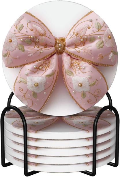 Light Pastel Pink Bow Balloon Embroidered Floral Ceramic Coasters with Holder Set of 6 Coffee Cup Drink Coasters