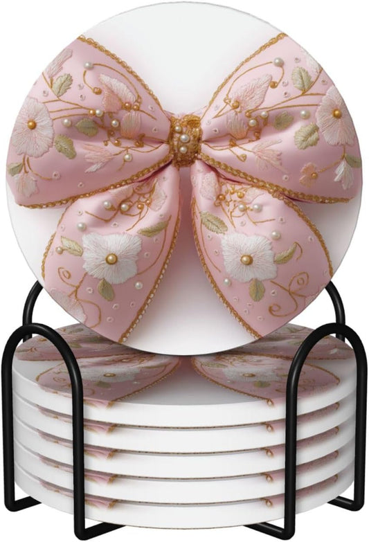 Light Pastel Pink Bow Balloon Embroidered Floral Ceramic Coasters with Holder Set of 6 Coffee Cup Drink Coasters