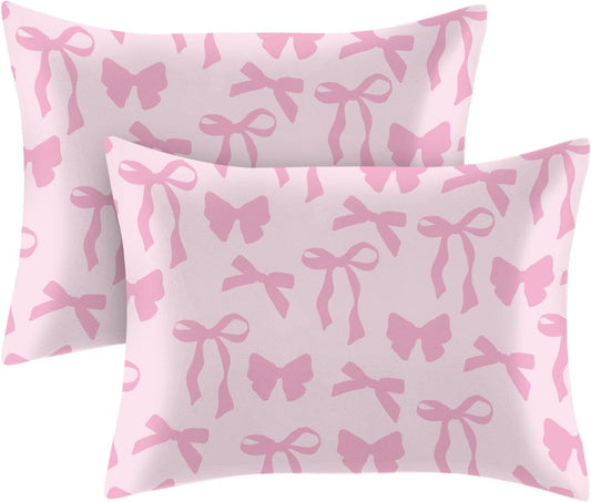 Fahrendom 2 Pack Satin Pillowcase, Smooth Silk Pillowcase with Hidden Zipper for Hair Skin, Soft Pillow Case Pillow Covers for Sleeping Gifts for Women Standard Size 20''x26'', Pink Bow Ribbon