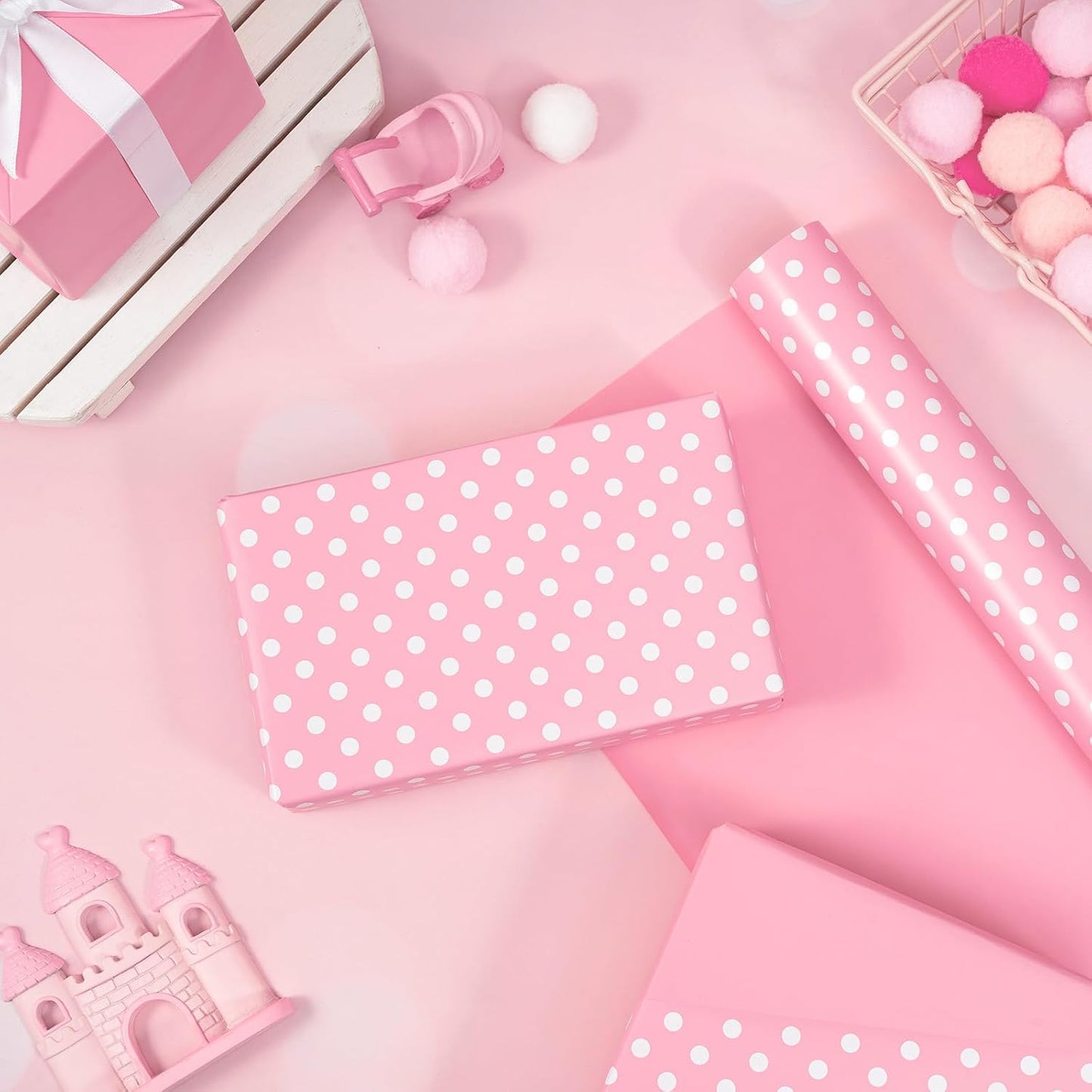 WRAPAHOLIC Reversible Wrapping Paper - Mini Roll - 17 Inch X 33 Feet - Pink and Polka Dot Design for Birthday, Holiday, Wedding, Baby Shower