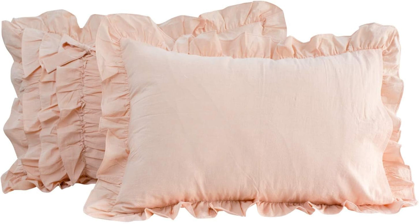 Helthep Modern 2Pcs 20x36 Pillowcase Ruched Bow Ruffles Pillow Shams Decorative Shabby Chic Pillow Covers Bowknot Peach Pink 100% Washed Cotton King/Cal King (NO Comforter NO Filling)