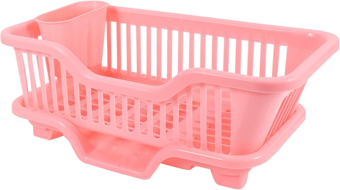 Environmental Plastic Kitchen Sink Dish Drainer Set Rack Washing Holder Basket Organizer Tray, 17.5 x 9.5 x 7INCH (Pink)