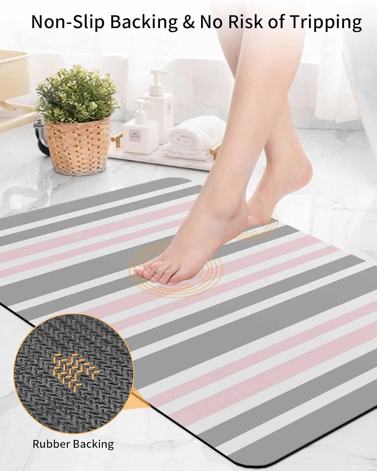 Pink Striped Bath Mat for Tub,Geometric Grey White Vertical Stripes Non Slip Bathroom Floor Runner Rug Quick Dry & Absorbent Diatomaceous Earth Shower Sink Bedroom Kitchen Living Room Doormat 16"x24"
