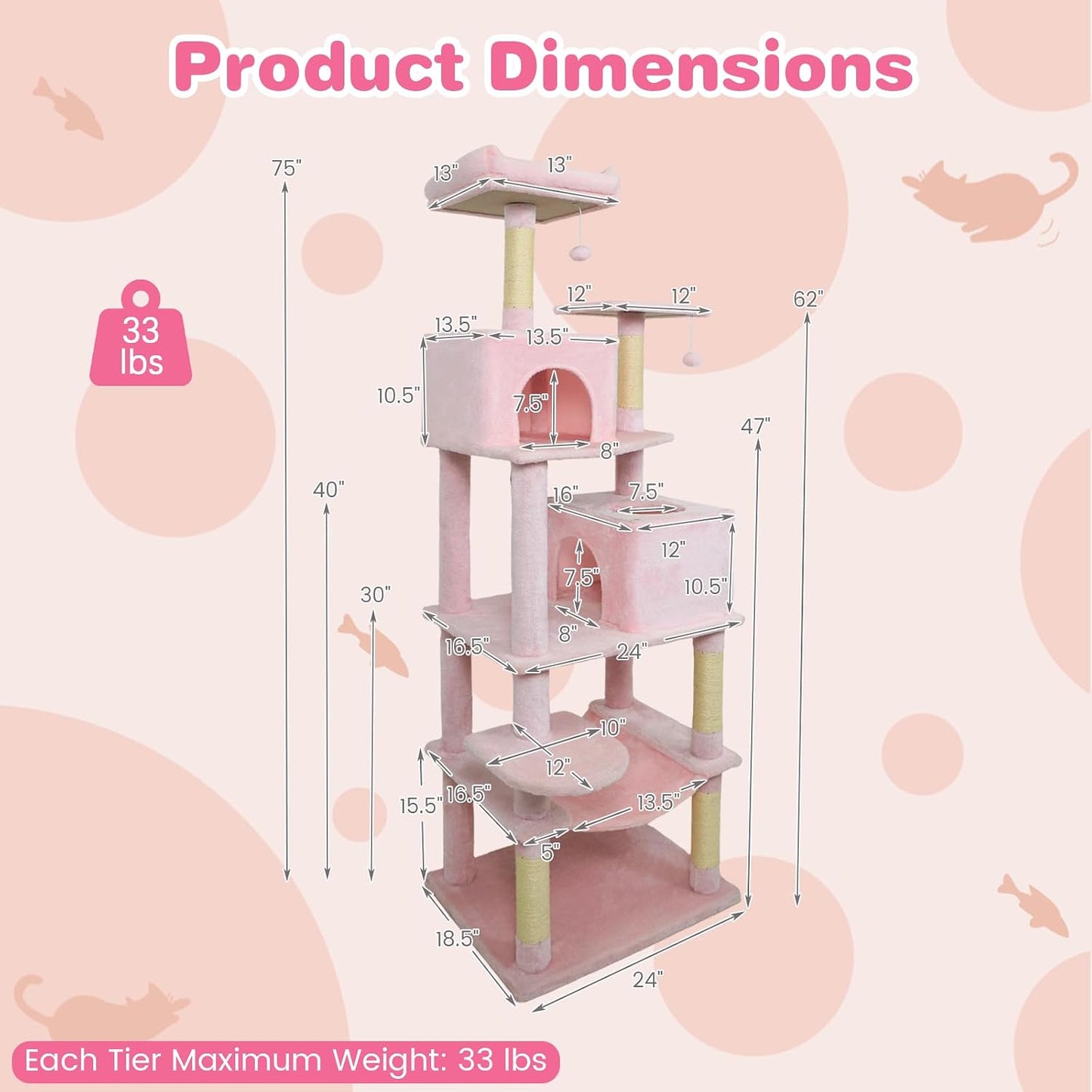 Tangkula Pink Cat Tree for Indoor Cats, 75 Inch Extra Tall Cat Tower with Sisal Scratching Post, Padded Top Perch, Dual Condos, Hammock, 2 Dangling Balls, Platforms, Multi-level Cat Climbing Furniture