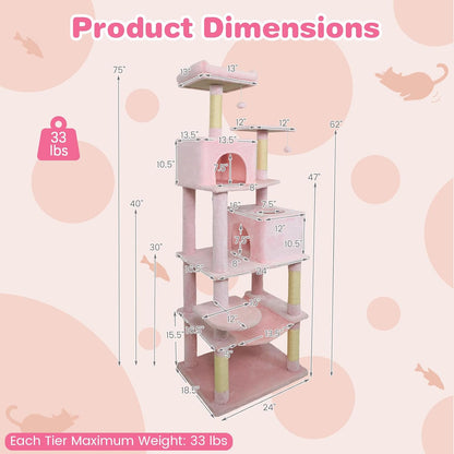 Tangkula Pink Cat Tree for Indoor Cats, 75 Inch Extra Tall Cat Tower with Sisal Scratching Post, Padded Top Perch, Dual Condos, Hammock, 2 Dangling Balls, Platforms, Multi-level Cat Climbing Furniture
