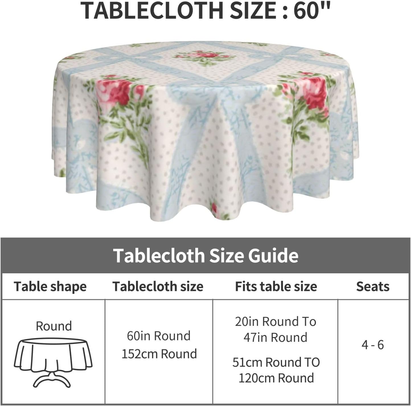 Pink Victorian Roses with Blue Ribbon Lattice Round Tablecloths 60 Inch Decorative Washable Fabric Table Covers for Dining Kitchen Party Outdoor
