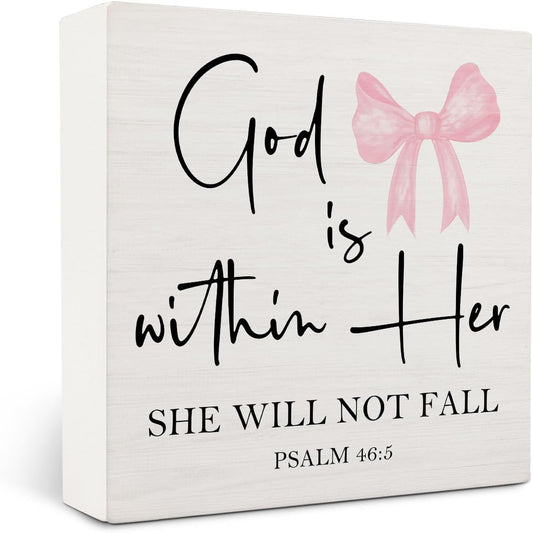 Pink Coquette Christian Bow Wooden Signs,Bible Verse Pink Bow Wooden Box Sign,Coquette Room Decor,God Is Within Her Decor For Wedding Desk Tabletop Shelf Decoration 5x5 Inches