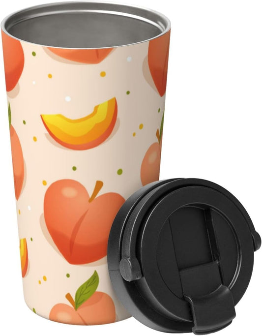Apricot Peach Fruit Pattern Office Coffee Tumbler | Stainless Steel Travel Coffee Cup Double Wall Insulated Flip Lid Lightweight Portable Driving Mug