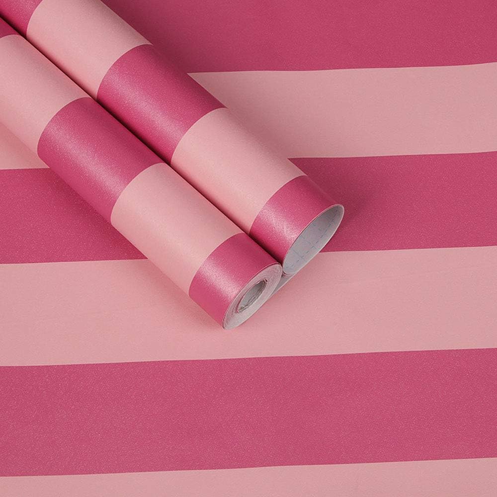 PoetryHome Self Adhesive Vinyl Red Pink Stripe Peel and Stick Wallpaper for Walls Kids Girls Nursery Bedroom 17.7x117 Inches