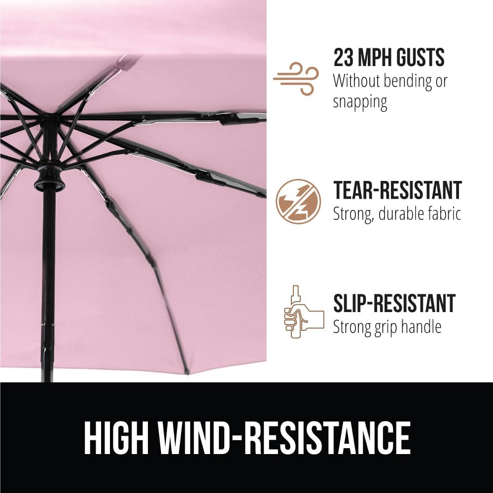 GORILLA GRIP Compact Travel Size Umbrella for Rain, Sleek Design Fits Backpack, Purse and Carry On, Lightweight Under 1lb, One Click Open and Close, Wind Resistant, Durable Waterproof Quick Dry, Pink