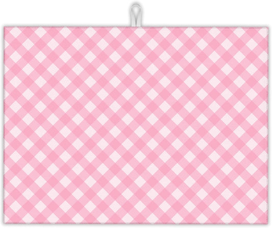 Pink White Checkered Dish Drying Mats 18x24 Inch, Dish Pad Drying Rack Mat for Kitchen Counter Ultra Absorbent Microfiber Dishware Coffee Maker Bar Countertop Decor