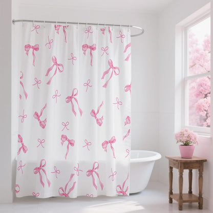 Mocsicka Pink Shower Curtain Coquette Preppy Bow Shower Curtain for Bathroom Modern Aesthetic Fabric Shower Curtain Set with Hooks 71x71 Inch (Pink, 71x71 inch)