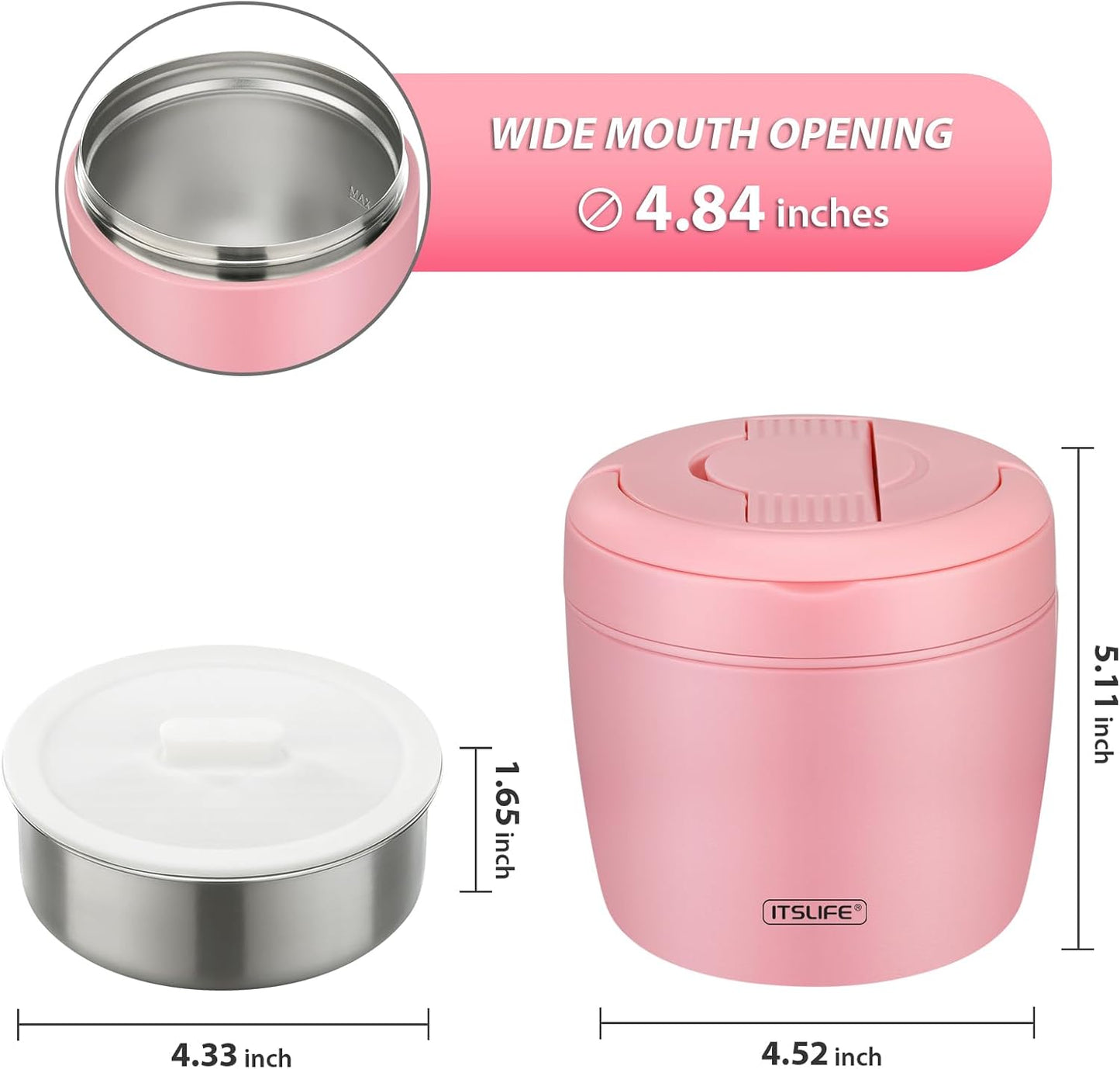 Itslife 32oz Insulated Soup Thermo, Vacuum Stainless Steel Food Jar for Hot & Cold Food, Leakproof Wide Mouth Lunch Container with Spoon (Light Pink)