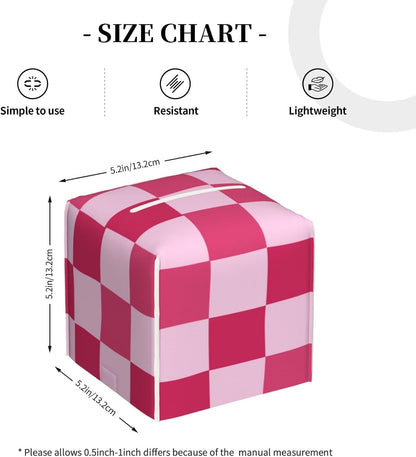 PU Leather Tissue Box Cover 5.2"X5.2"X5.2", Pink Checkerboard Tissue Box Holder Decorative for Bathroom, Home Office Car Decor