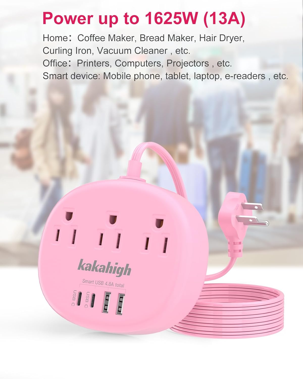 Pink Extension Cord with USB C - 5 FT Kawaii Power Strip, 1625W Cute Extension Cord with 3 AC Outlet 4 USB (24W/4.8A), Compact for Cute Pink Kawaii Desk Home Essentials