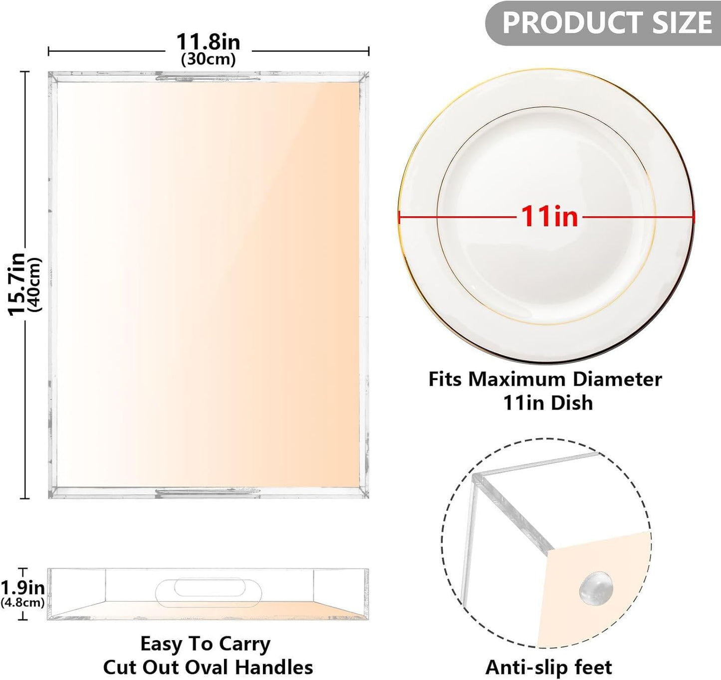 Peach Puff Serving Tray with Handles,Rectangle Acrylic Serving Tray, Snack Tray, Breakfast Tray, Kitchen Countertop Tray,Makeup Tray,Home Decor