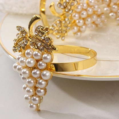 Set of 6 Grape Napkin Rings Imitation Pearl Gold Alloy Napkin Ring Holders for Dinning Table Decor (6, Gold)