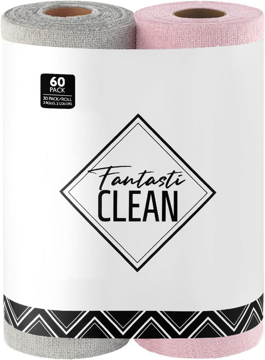 Fantasticlean Microfiber Cleaning Cloth Roll -60 Pack, Tear Away Microfiber Towels, 12" x 12", Reusable, Washable, Lint Free, Ultra Absorbent Dishcloth for All-Around Cleaning (Pink & Grey)