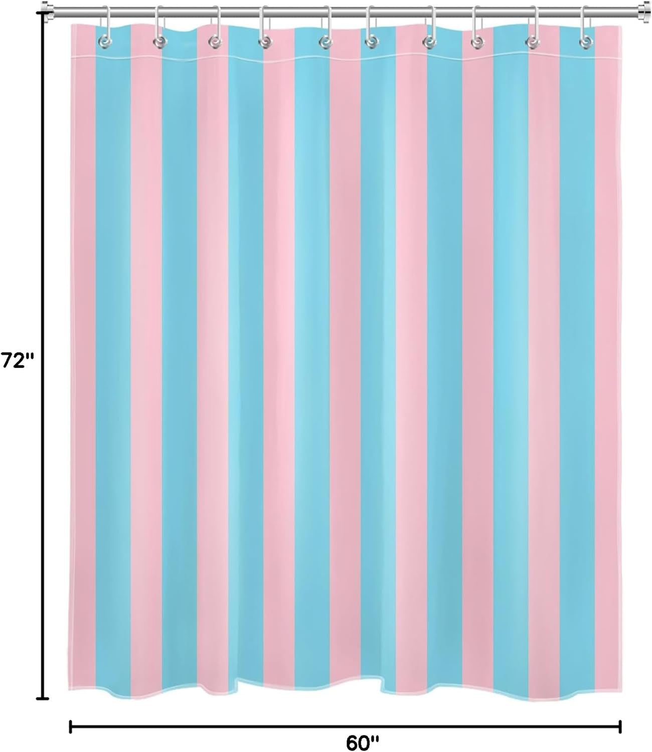 EOBTAIN Pink and Blue Striped Shower Curtain with 10 Hooks Cute Pastel Stripe Simple Girly Bathroom Curtains,Minimalist Washable Waterproof Fabric Bath Curtain Decor,60x72 Inch