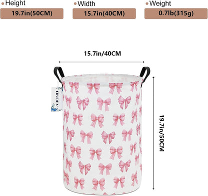 Kids Laundry Hamper,Pink Bow Themed Laundry Basket for Girls,Cute Coquette Aesthetic Collapsible Fabric Organizer with Handles for Bedroom Nursery Playroom