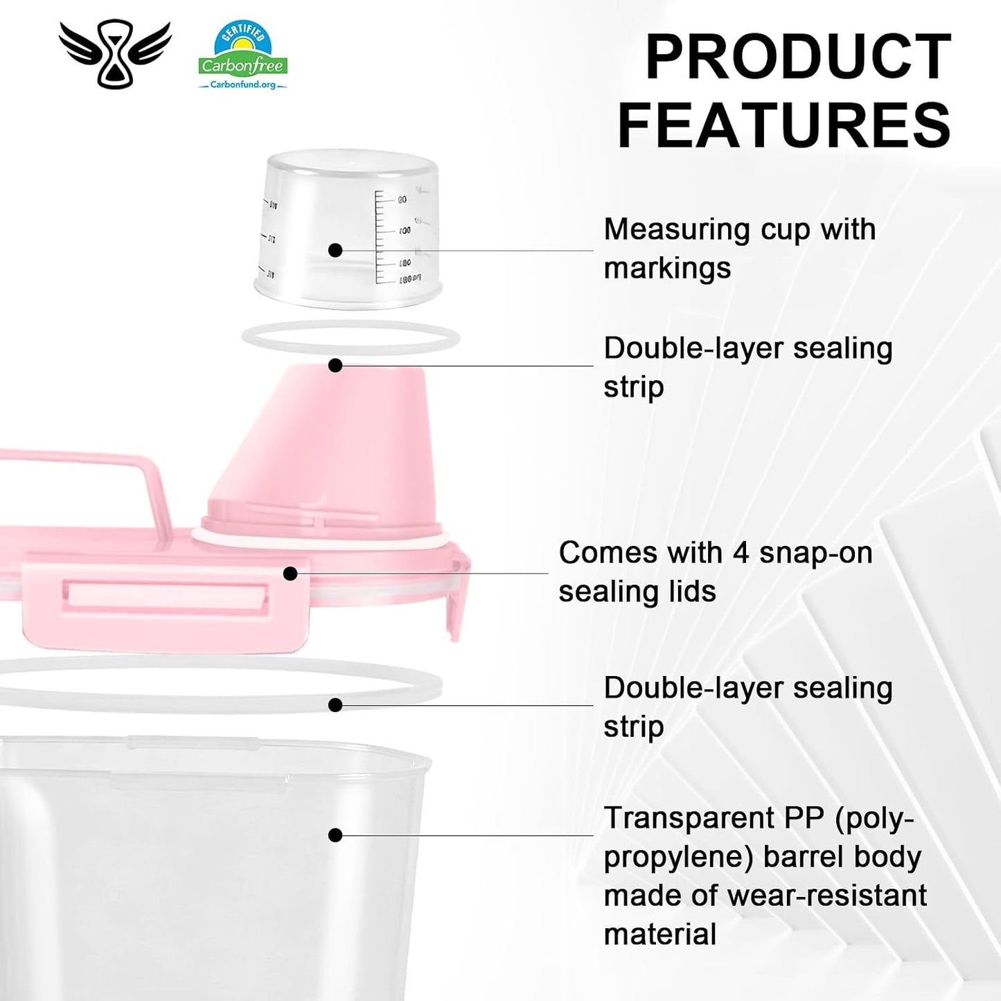 LEAWALK Airtight Rice Storage Container, 3 to 5Lbs Cereal Dry Food Flour and Sugar Bin, Pet Dog Cat Food Dispenser with Measuring Cup, BPA Free Clear Plastic Kitchen and Pantry Organization Bin-Pink