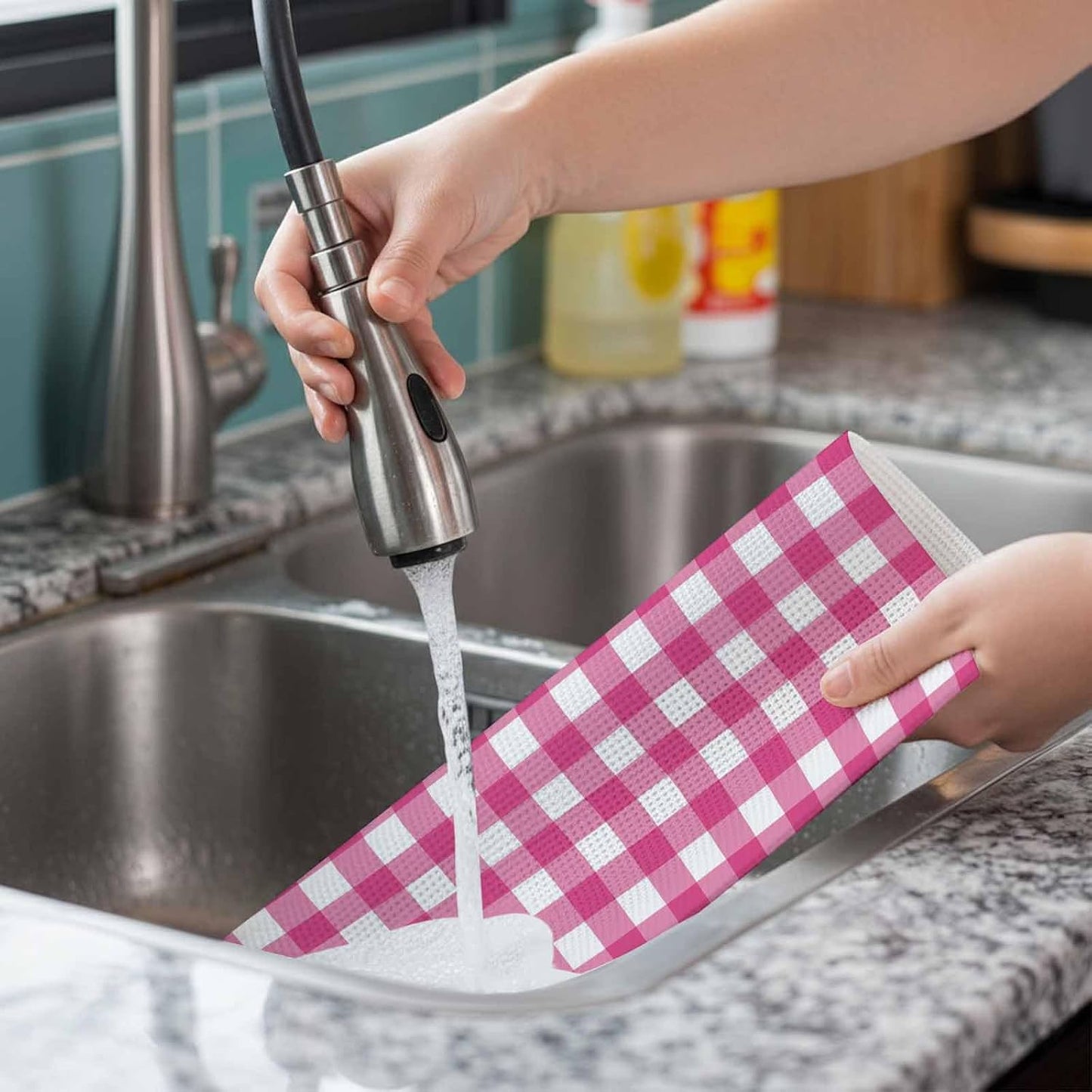 Peach Pink Checked Placemats Set of 4, Washable PVC Kitchen Table Mats Place Mats, Farmhouse Buffalo Plaid Country Grid Woven Vinyl Placemat for Dining Table, 13" x 19"