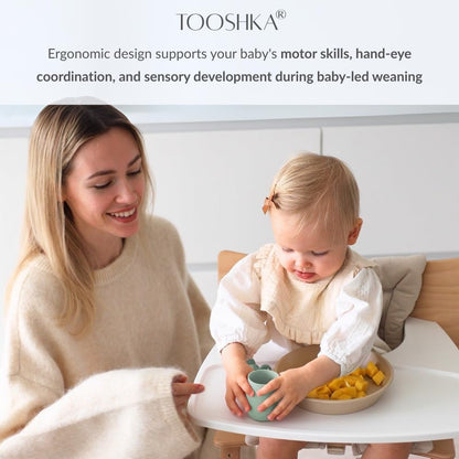 Tooshka® Baby Utensil Set (3 pcs) - Self Feeding Spoons and Tiny Cup - Silicone & BPA Free - Baby-Led Weaning (BLW) Supplies - Ages 6+ Months - Pink Baby Cup & Utensils