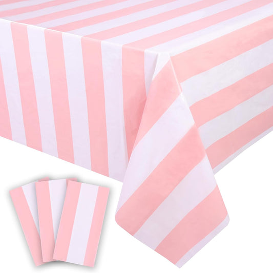 Kesfey 3 Packs Pink and White Horizontal Striped Table Cloth 54 x 108 Inches Pink Stripe Tablecloths Disposable Plastic Stripe Table Covers Waterproof Rectangle Picnic Tablecover for Birthday Party