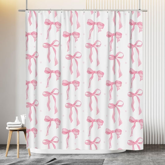 Pink Bow Shower Curtain, Cute Girly Shower Curtains for Bathroom, Waterproof Polyester Coquette Shower Curtain with 12PCS Hooks, 70.87 × 70.87 Inches, Pink