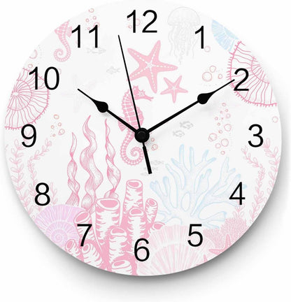 Wall Clock Pink Coral Clocks PVC Silent Non-Ticking Battery Operated Decorative Starfish Seahorse Seahorse Shell Round Clock for Home Living Room Kitchen Bedroom Office School Wall Decor 10 Inch