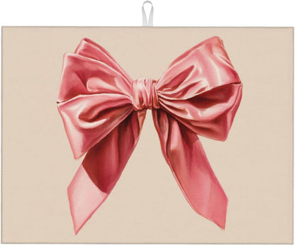Watercolor Pink Velvet Bow On Light Beige Dish Drying Mat For Kitchen Counter, Drain Rack Mat Microfiber Quick Dry Dish Pad