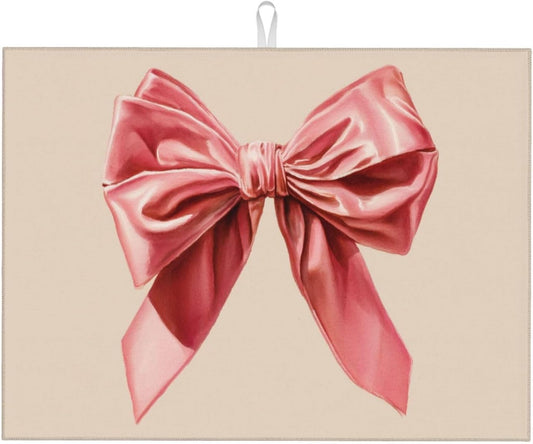 Watercolor Pink Velvet Bow On Light Beige Dish Drying Mat For Kitchen Counter, Drain Rack Mat Microfiber Quick Dry Dish Pad