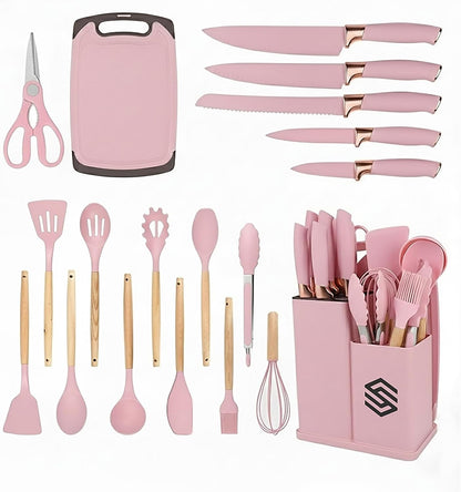 19 PCS Pink Silicone Cooking Utensils Set with Wooden Handle & Knife Set Block, Heat-Resistant Spatula, Spoon, Ladle, Whisk with Holder – BPA Free, Silicone Kitchen Utensil Set for Cooking & Baking