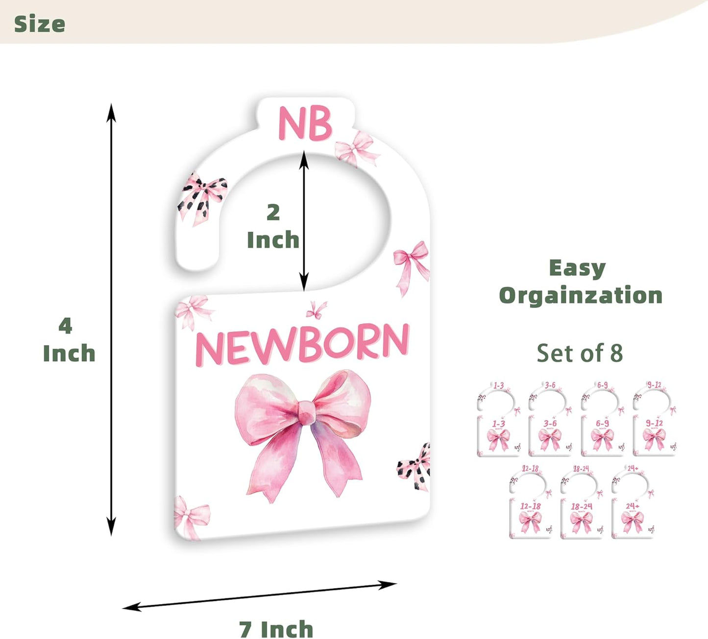 JMOST Pink Bows Baby Closet Dividers for Nursery Closet Organizer, Newborn to 24 Months Size Clothes, Hangers with Size Dividers, Double Sided