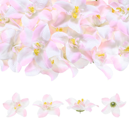 M METERXITY Artificial Flower Heads (3 Inch, White Pink) 20 PCS - Orchid Silk Fake Flowers & Faux Floral Bulk, Apply to DIY Crafts/Wedding/Party/Decor/Home