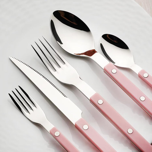 Pink-Color Handle Silverware Set - 6-Piece Stainless Steel Flatware with Steak Knife, Fork, Spoon, Teaspoon, Dessert Fork and Butter Knife - Elegant Tableware Cutlery for Dining (Pink)