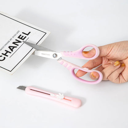 Stainless Steel Scissors Set with, utility knife Pairs with Comfort Grip Handles All Purpose Scissors,for Office Desk Accessories Fabric Home Craft School Supplies, Right/Left Handed (Pink)