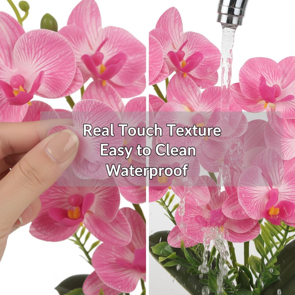 Pink Artificial Orchids Flowers in Pot 14" Tall Realistic Faux Phalaenopsis Arrangement 3D Printed Washable Fake Orchids Flowers with Vase for Home Wedding Table Centerpiece Bathroom Office Decor