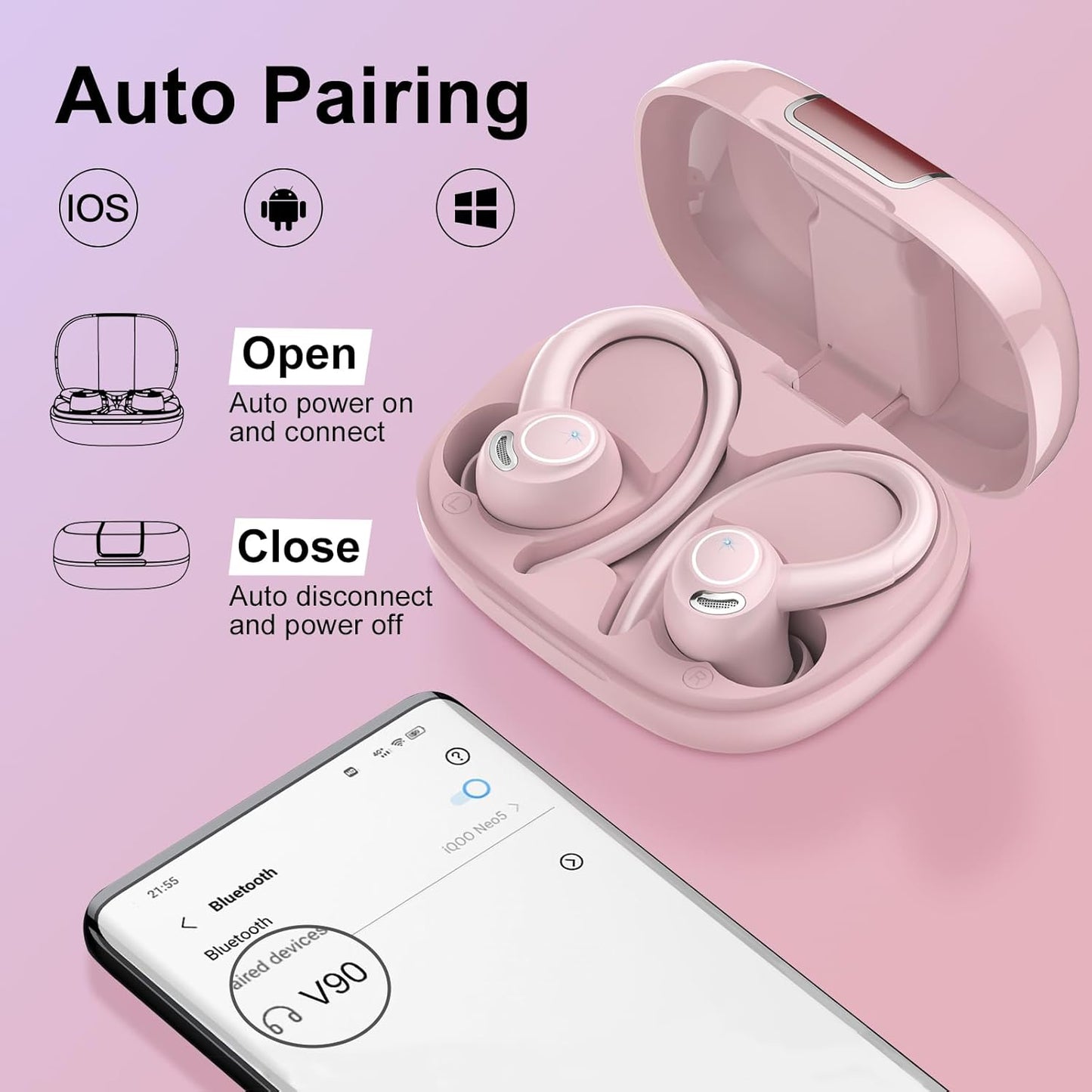 Wireless Earbuds Bluetooth 5.3 Headphones Sports, 48H Earphone with ENC Mic, Stereo Deep Bass Bluetooth Earbuds with Secure Earhooks, LED Display, IPX7 Waterproof Over Ear Buds for Running Coral Pink