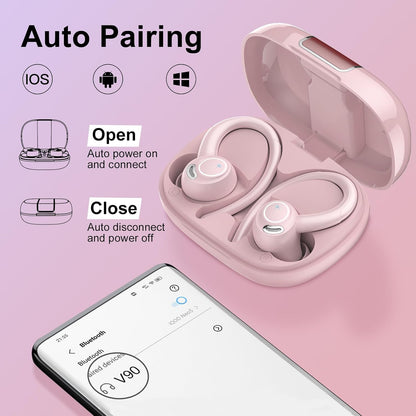 Wireless Earbuds Bluetooth 5.3 Headphones Sports, 48H Earphone with ENC Mic, Stereo Deep Bass Bluetooth Earbuds with Secure Earhooks, LED Display, IPX7 Waterproof Over Ear Buds for Running Coral Pink