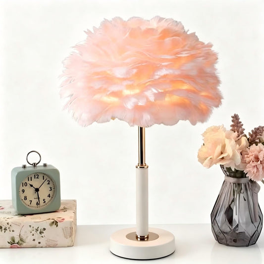 Fluffy Pink Feather Table Lamp, White Metal Stand | US Plug, Button Control, 3 Color Modes LED, Modern Minimalist Design, Bedroom Vanity Decor