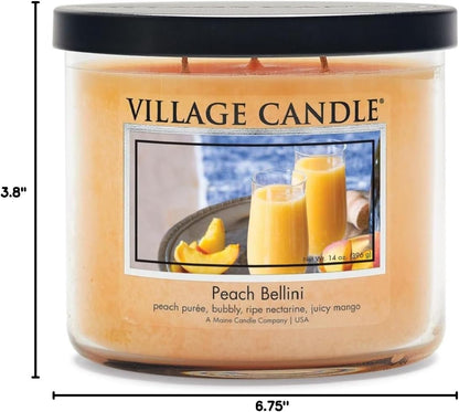Village Candle Peach Bellini, 3-Wick Black Lid Medium Bowl, Scented Candle, 14 oz.