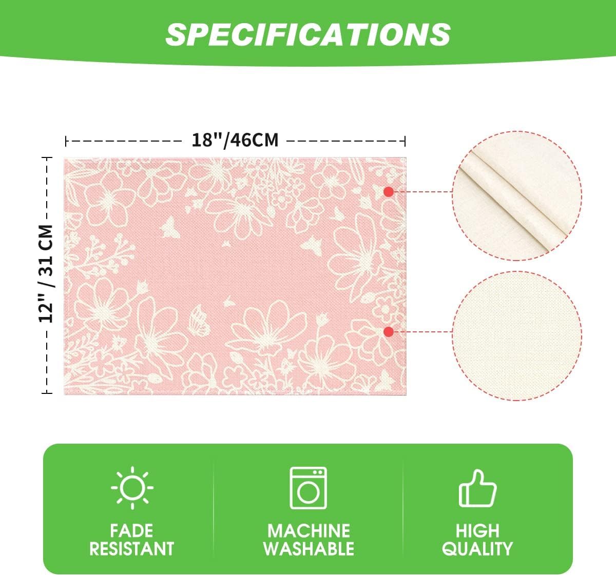 Artoid Mode Pink Bloom Flowers Summer Placemats Set of 4, 12x18 Inch Seasonal Spring Table Mats for Party Kitchen Dining Pink Decoration